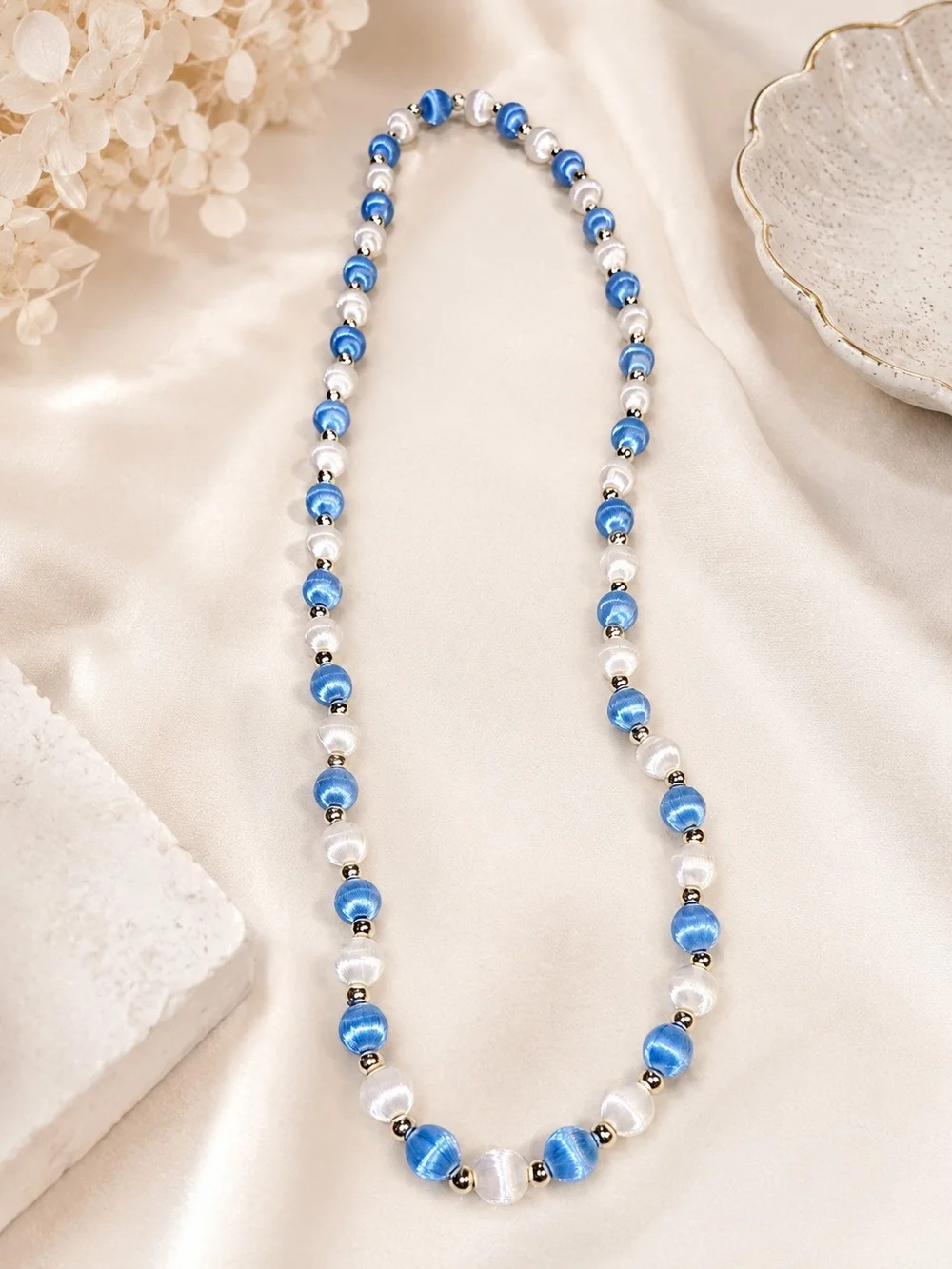 Classic Blue and White Bead Necklace with Silver Accents